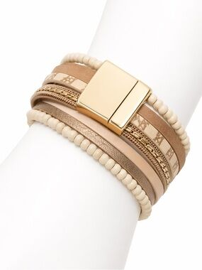 Victoria Emerson Gold-Tone Multi-Strand Beige & Cream Wrap Bracelet